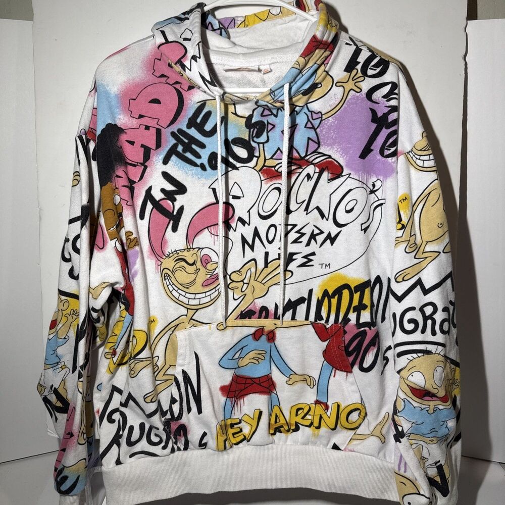 Nickelodeon Ren Stimpy Hey Arnold Rugrats Print ALL OVER Hoodie Y2K 90s Size L